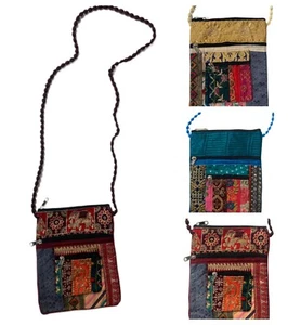 Small Cotton Shiny Sari Pouch Shoulder Bag with Long Strap and Embroidery Detail - Picture 1 of 13