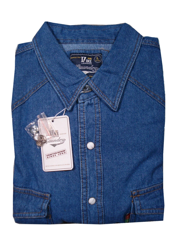 MENS DUKE WESTERN DENIM SHIRT PRESS STUD POPPER BUTTONS - STONEWASH BLUE  - Image 1 of 1