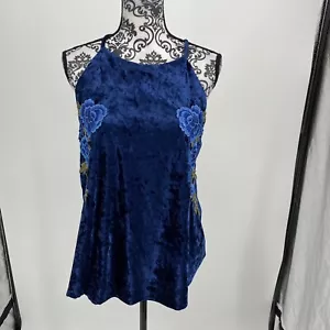 NWOT C Navy Crushed Velvet High Neck Floral Embroidered Top. Size Large. - Picture 1 of 9