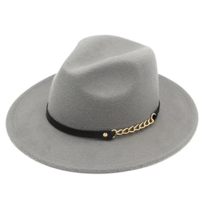 Mujeres Hombres Fieltro Fedora Gorra Panamá Ala Ancha Cadena Cuero Cinturón Exterior Fiesta Foto 1 de 4