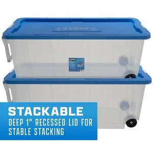 200 Quart Latching Rolling Plastic Storage Bin Container, Clear, Set of 2 - Picture 1 of 13