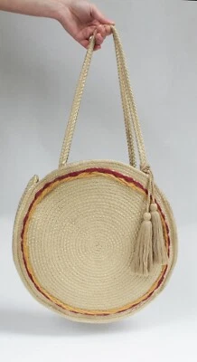 Джутовый круглый кошелек | круг с вышивкой ручной работы | пляжный кошелек  - Изображение 1 из 2