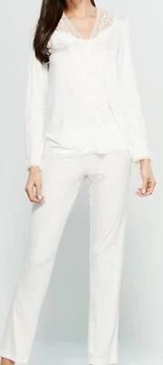 La Perla Apertura Pizzo S Pajamas Set Ivory LS Lace Trimmed Stretch Jersey - Image 1 of 2