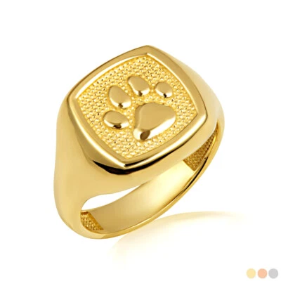 Gold Pet Dog Paw Print Beaded Signet Ring in Yellow/Rose/White Gold - Image 1 of 4