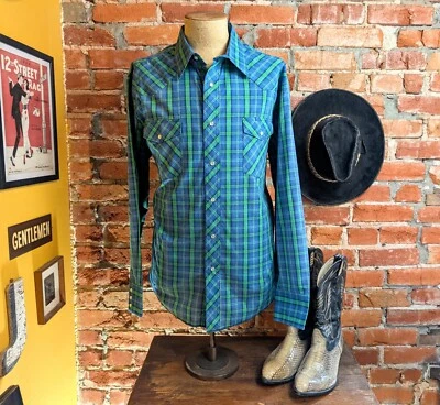 Camisa Western WRANGLER Vintage Años 80 Cuadros Para Hombre Azul y Verde Manga Larga - XL Foto 1 de 4