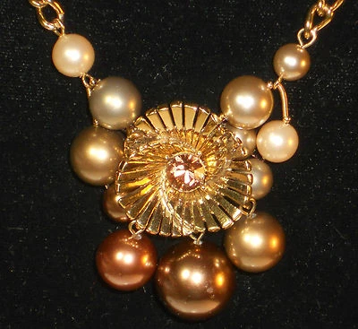 Lovely "M" Rhinestone and Faux multi tone Faux Pearls gold-tone chain Necklace - Image 1 of 4