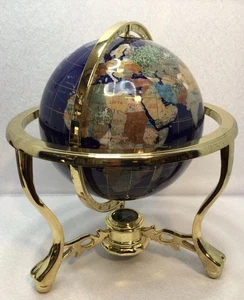 Vintage Semi Precious Stone Inlaid Globe Blue Lapis Brass Stand with Compass - Picture 1 of 14