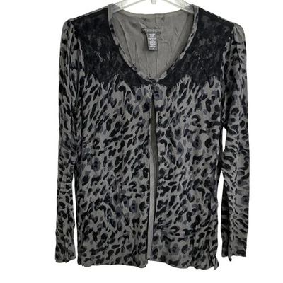 Cárdigan Suéter Covington Mujer Grande Gris Negro Estampado Leopardo Encaje Botón Foto 1 de 4
