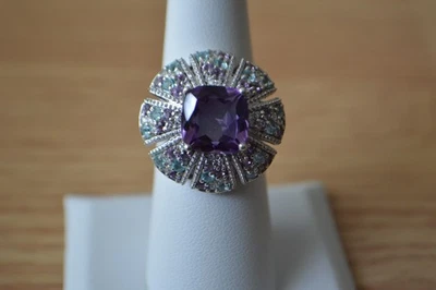 Anillo de cuarzo rosa marroquí de 5,85 quilates/multi piedras preciosas rodio sobre plata talla 7 Foto 1 de 4