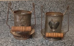 Vintage Set Of 2 Punched Tin Candle Holders With Glass Inserts Wood Handles - Picture 1 of 12