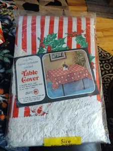 VTG 60" Round Fringed Vinyl Flannel Back Striped Ivy Christmas Tablecloth NIP  - Picture 1 of 5