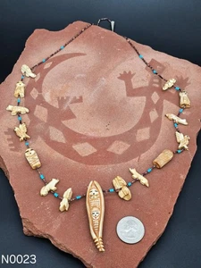 Necklace Vintage Native American Cow Bone Fetish Heishi & Turquoise Beads - Bild 1 von 5