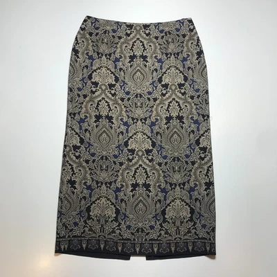 Talbots Petites Skirt Sz 12 Pencil Midi Floral Tan Blue Damask Print Silk -Wool - Image 1 of 4