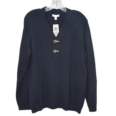 Nuevo con etiquetas Suéter Negro Cuello en V Talla 1X Cierre Dorado Ecuestre Silencioso Lujo Imialista Foto 1 de 4