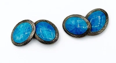 Vintage Sterling Silver & Blue Enamel Oval Cufflinks Cuff Links - Image 1 of 4