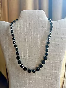 Antique Art Deco Black Faceted Czech Crystal Beads Graduated Metal Spacers 16 in - Picture 1 of 3