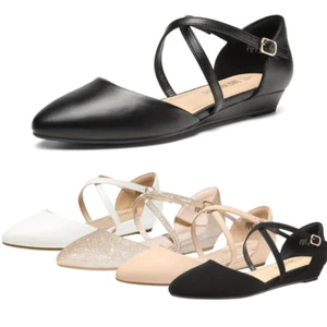 Women Low Wedge Heel Pointed Toe Ankle Strap Slip On Casual Dress Flat Shoes - Picture 1 of 25