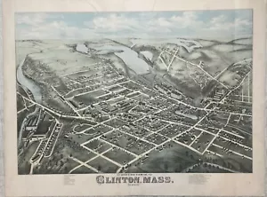 Antike 1876 "Vogelperspektive von CLINTON MASSACHUSETTS" OH Bailey Lithographie - Bild 1 von 12
