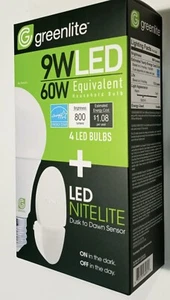 4-9W LED Light Bulbs + LED NITELITE GREENLITE A19 60W Equivalent 3000K 800Lumen - Picture 1 of 4