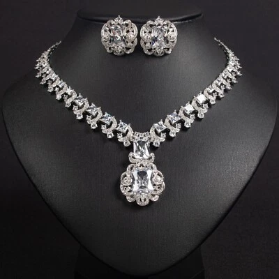 Luxury All Cubic Zirconia CZ Wedding Queen Prom Necklace Earrings 5 Colours - Image 1 of 2