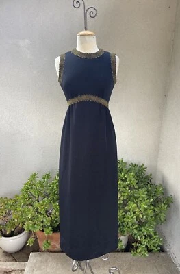Vtg Maxi Dress Leslie Fay Knits black gold trim XS Empire Waist - Image 1 of 4