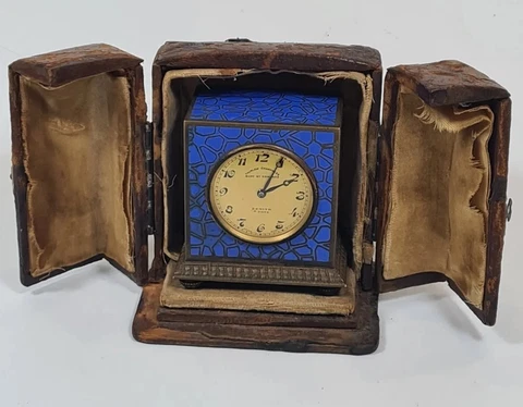 Chapness of Bury Zenith Swiss Clock 8 Day Blue Enamel Engraved Carriage Clock Cover