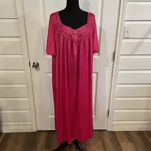 VTG Hot Pink Full Length Nylon Night Gown Lace Trim Size 26/28 W - Picture 1 of 8