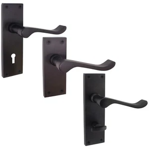 Black Victorian Scroll Door Handles, Matt Black Bathroom Latch & Key Lock Sets - Picture 1 of 84