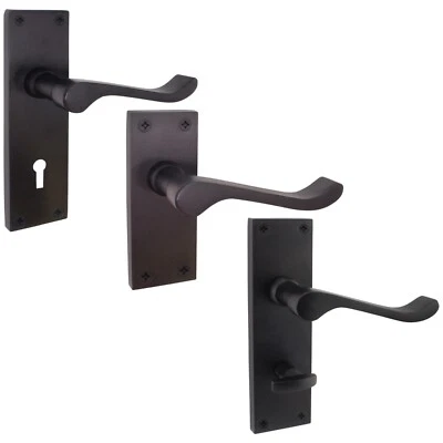 Black Victorian Scroll Door Handles, Matt Black Bathroom Latch & Key Lock Sets - Image 1 of 4