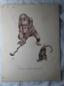 Vintage 'A Drive Off The Missing Link's', Lawson Wood Humorous Monkey Print - Picture 1 of 4