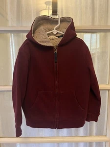 LANDS END Kids Hoodie Jacket SHERPA lined Coat Boys Maroon Burgundy Dark Red - Picture 1 of 5