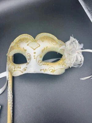 White, Gold & Green Handle Masquerade Mask - Image 1 of 4