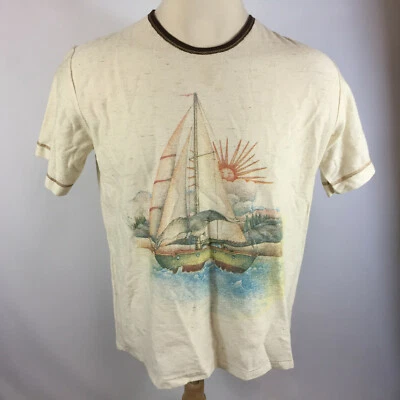 Vintage 60s 70s Mod Atomic Retro Hemp Rayon Tri Blend Knit T Shirt Hippy Sailboa - Image 1 of 4