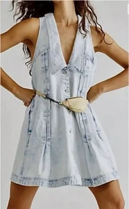 Abito donna FREE PEOPLE Katie Denim BoHo pesante lavaggio acido blu taglia XS scollo a V - Foto 1 di 13