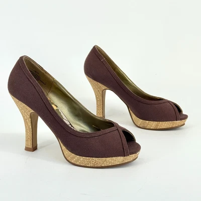 Vtg Y2K Madden Girl Peep Toe Heels Lakita Brown Wedge Size 7 Retro Fabric - Image 1 of 4