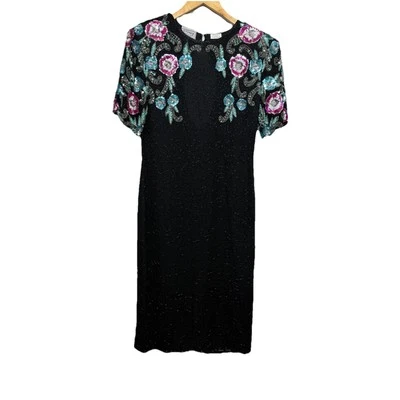 Vestido vintage de lentejuelas Stenay para mujer 6 negro floral con cuentas seda ojo de cerradura trasero Foto 1 de 4