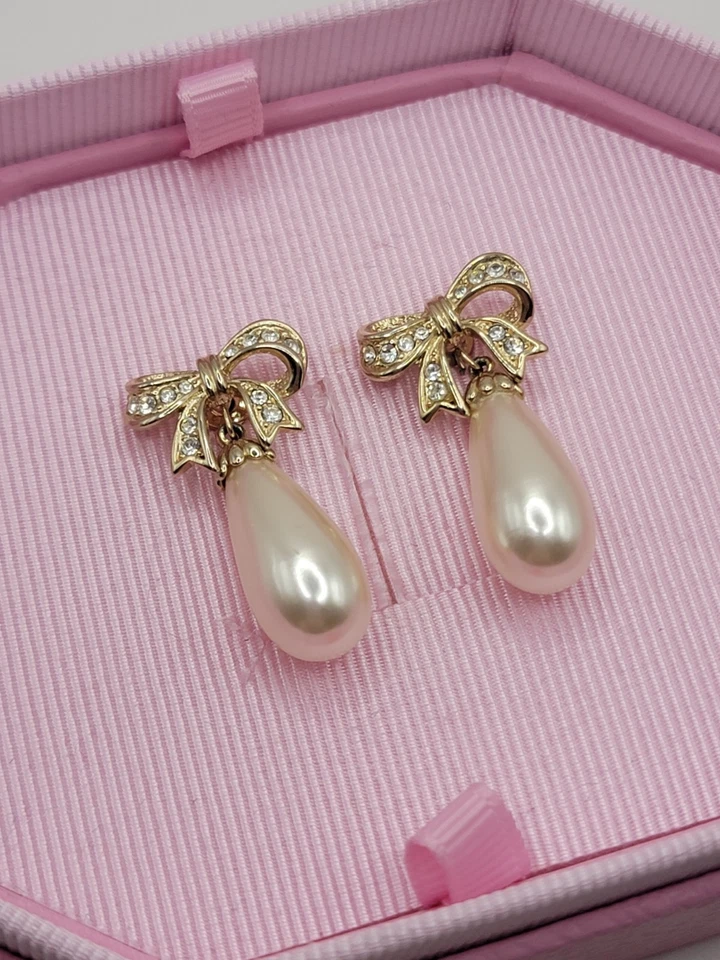 Gorgeous Faux Pearl Bow Drop Earrings With Crystals - image 1 of 4