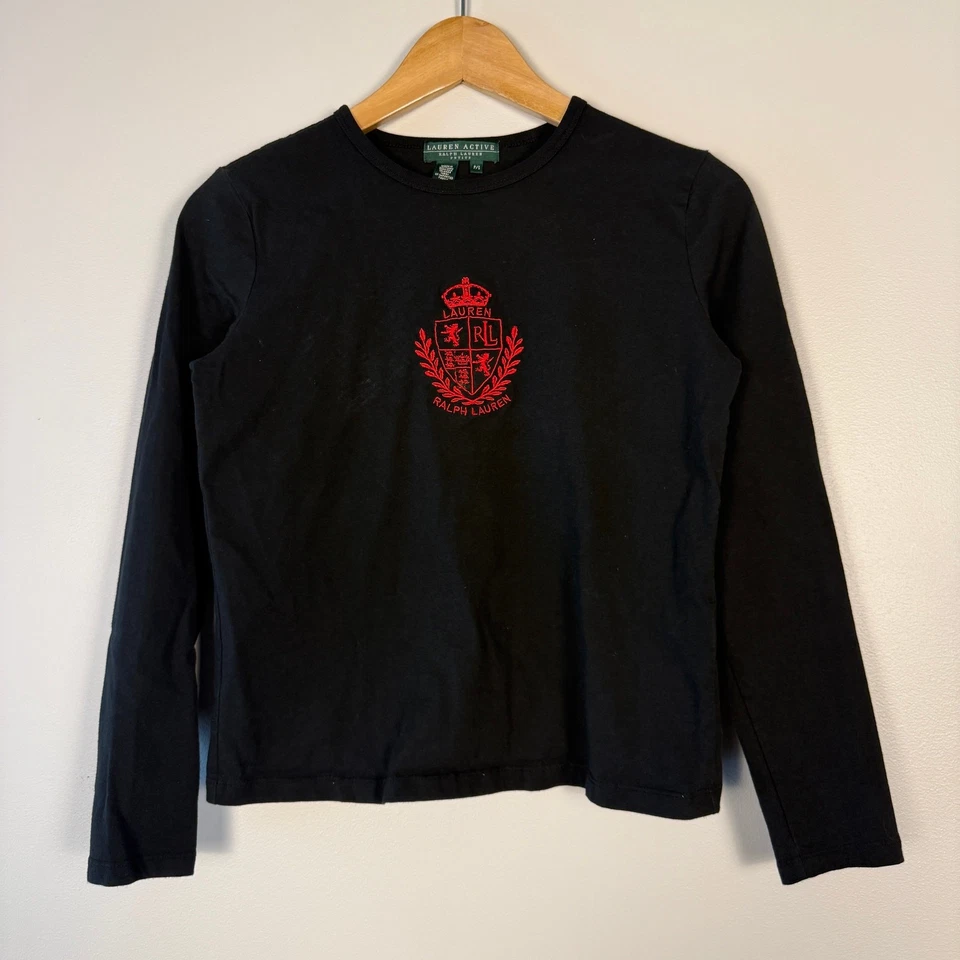Vintage 90s Lauren Ralph Lauren Embroidered Longsleeve Crest Tee Shirt Top Black - Image 1 of 4