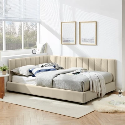Sofá cama tapizado de terciopelo tamaño completo con marco de cama para dormitorio beige Foto 1 de 4