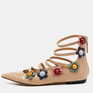 Fendi Beige Patent Leather Flowerland Ankle Strap Flats Size 38 - Picture 1 of 9