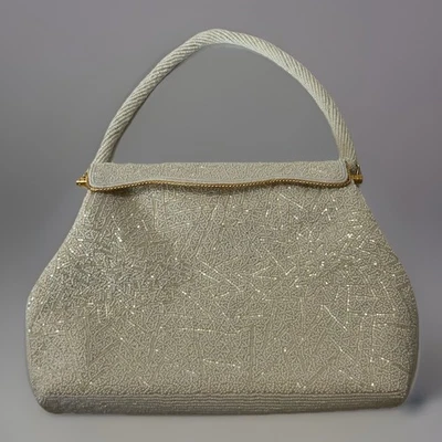 Vintage White Bead Evening Bag  W/Scalloped Closure-Handmade Hong Kong 7"x 10” - Image 1 of 4