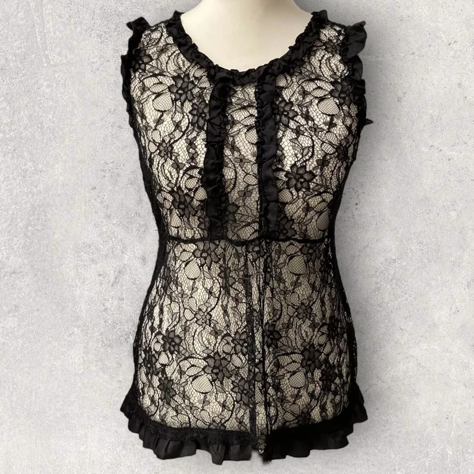 Warehouse Womens Black Lace Sleeveless Party Vest Top UK 12 - Image 1 of 1