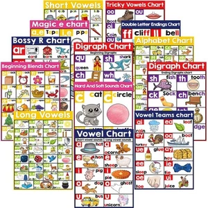 13 English Phonics Poster Language Arts Charts for Kids Toddler Learning Vowe... - Picture 1 of 7