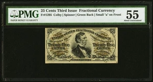 FR 1295 - 25c THIRD ISSUE - w/ "a" - PLATE #95 ON FRONT - GREEN BACK - PMG 55 AU - Picture 1 of 5