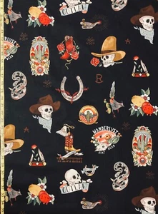 Forever Western Alexander Henry Cotton Fabric cacti skulls snake Tea Black Denim - Picture 1 of 8