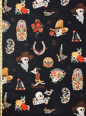 Forever Western Alexander Henry Tela de Algodón Cactus Calaveras Serpiente Té Denim Negro Foto 1 de 4