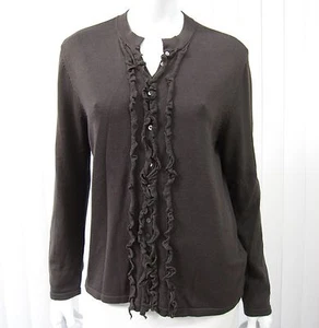 J.Jill Long Sleeve Cardigan Sweater Silk Cotton M Medium Gray Ruffled Crew Neck - Picture 1 of 7
