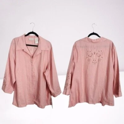 Camisa Lucy Pereda NUEVA 100% Lino Bordada Recorte Abotonada Talla 24W Rosa Foto 1 de 4