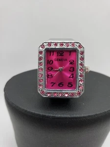 Geneva Ladies Fashion Gem Quartz Ring Watch 19mm Rectangle Silver Tone Stretch - Picture 1 of 8