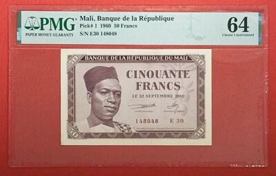 Mali 50 Francs 1960 Pick# 1 PMG: 64 Choice UNC. #PL2954 - Image 1 of 2